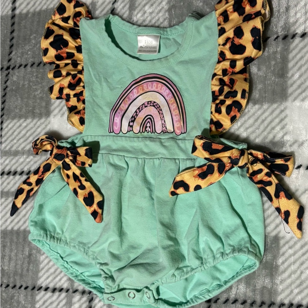 Mint Green Baby Romper with Leopard Print Accents